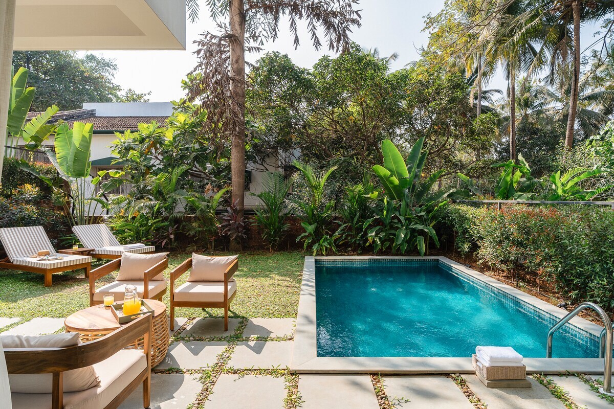La Agueda by The Blue Kite - 2BHK Private Pool Villa with Wifi & Kitchen, Near Candolim Beach (03) - Tap to explore photos