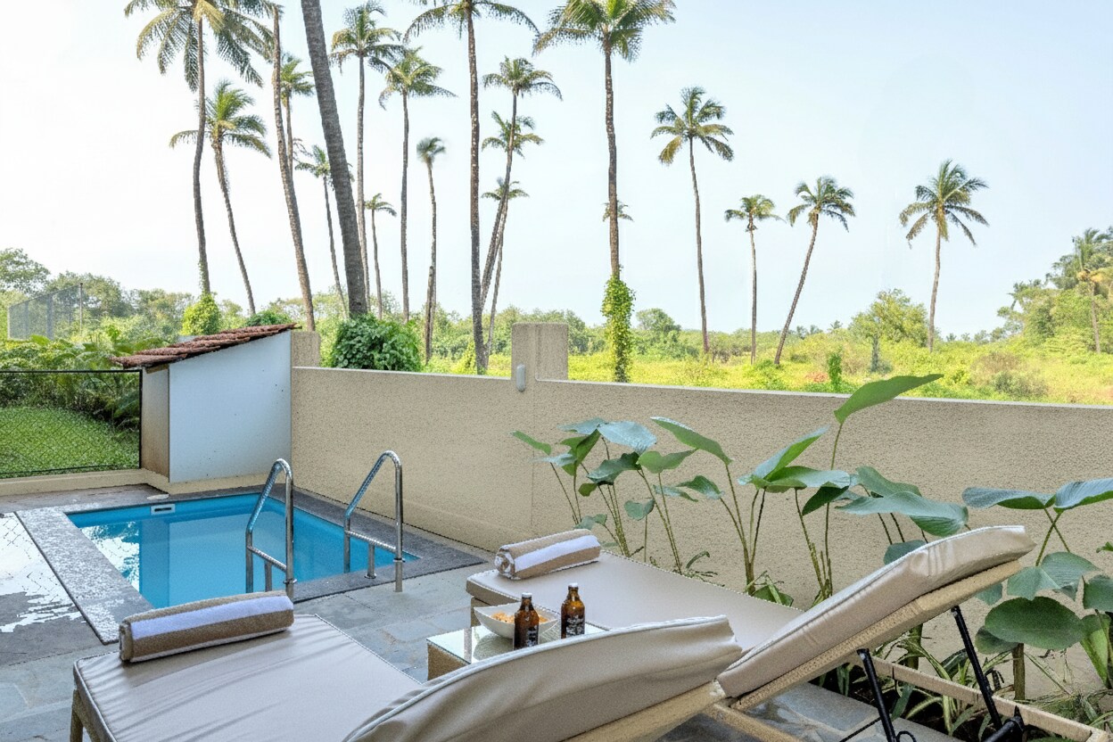 Modern 2BHK with Private Plunge Pool & Lawn | Siolim | Hireavilla - Tap to explore photos