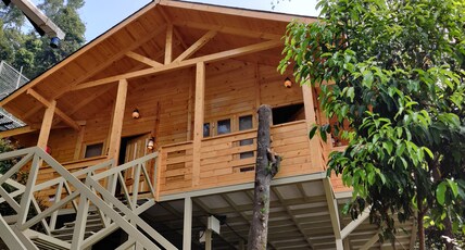 Woodrose Resort | Restaurant & Pool Room Type - AC - 2 BR (Non-interconnected) Family Pine Wooden Cottage